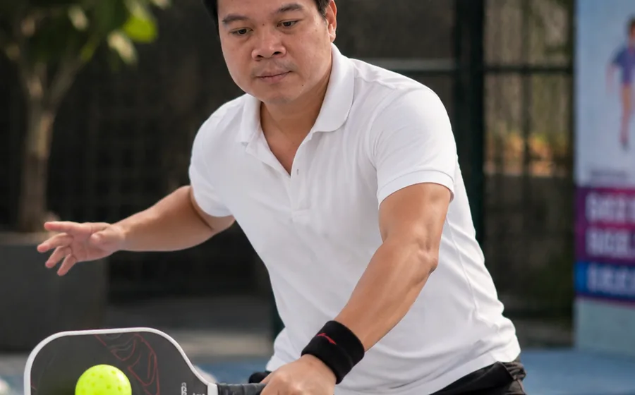 Người chơi thực hành cú đánh pickleball trên sân